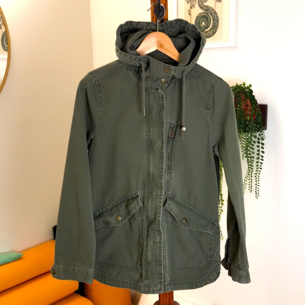 H&M Hooded 100% Cotton Green Utility Jacket Fall Coat Autumn Outerwear 0 XS